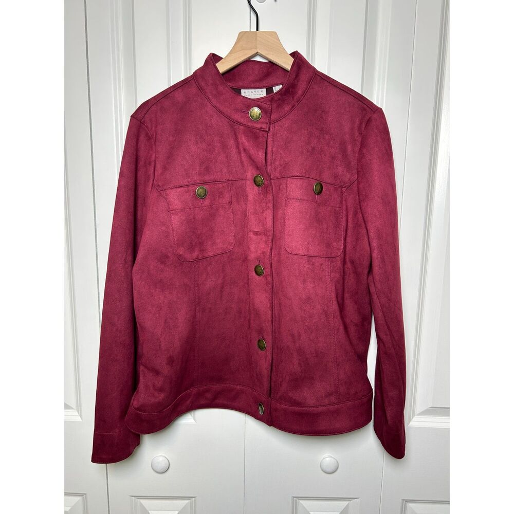 Susan Graver Faux Suede Button Front Jacket Burgundy Size L